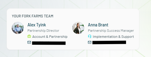 The Your Fork Farms team card on My Apps, showing a Partnership Director and a Partnership Success Manager with their email addresses