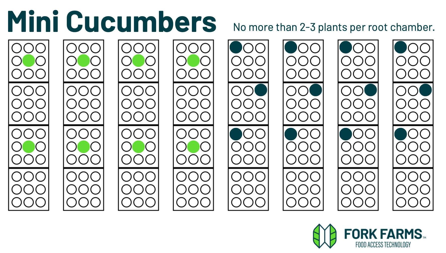 Mini cucumber planting pattern: two plants in the top-left and top-right spaces of each root chamber's top panel
