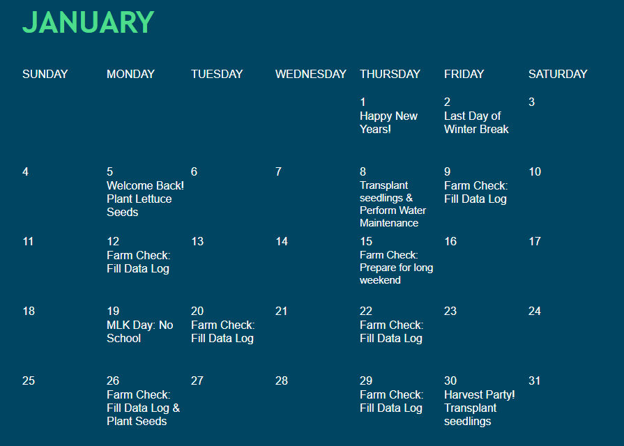 Example one-month Flex Farm crop cycle on a school calendar, showing seeding, transplant, and harvest weeks